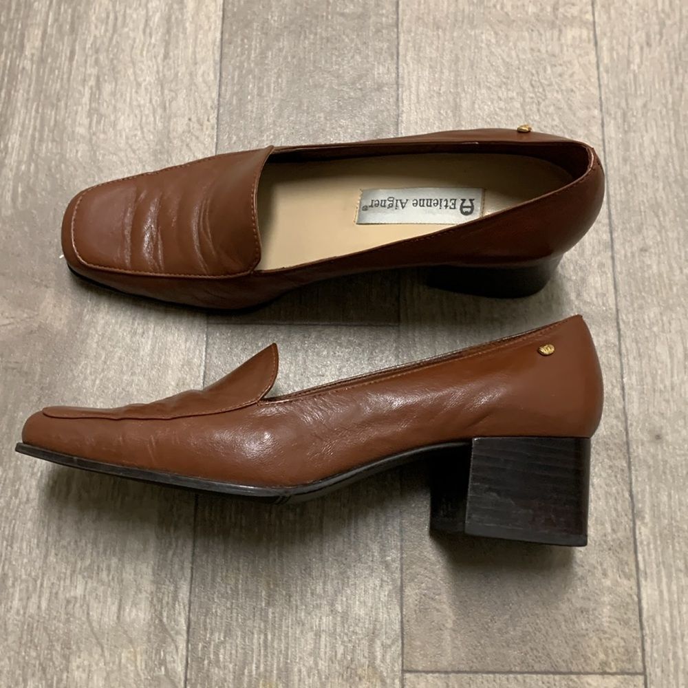 Etienne Aigner‎ Painter Heeled Leather Work Brown Casual Slip On Loafers Shoes